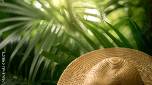 Tropical straw hat under the lush palm leaves in natural sunlight
