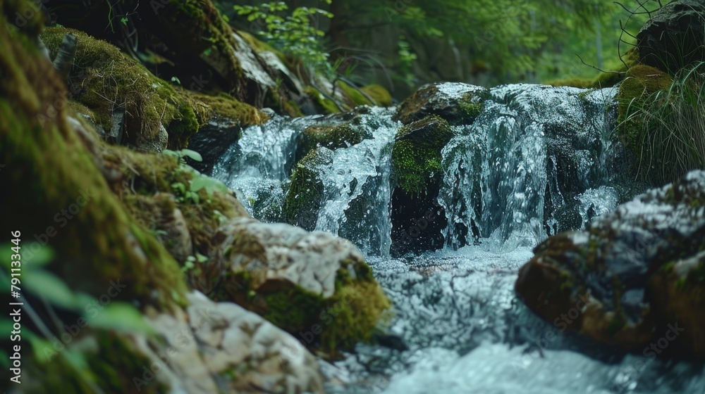 Clear freshwater cascading down a small waterfall in a picturesque mountain stream surrounded by moss covered rocks Clear freshwater cascading down a small waterfall in a picturesque mountain stream surrounded by moss covered rocks