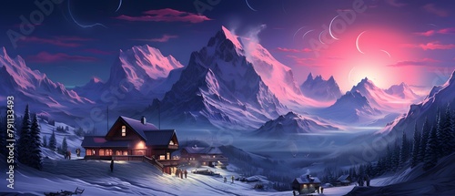 Winter panorama of the Swiss Alps. Sunrise over the village.
