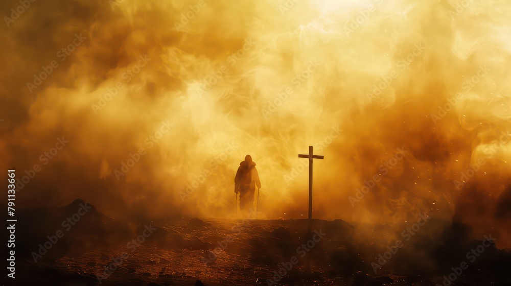 Obraz premium Silhouette of a man in the desert with a cross in the smoke and dust under the sun. Silhouette of a man in the desert with a cross in the smoke and dust under the sun