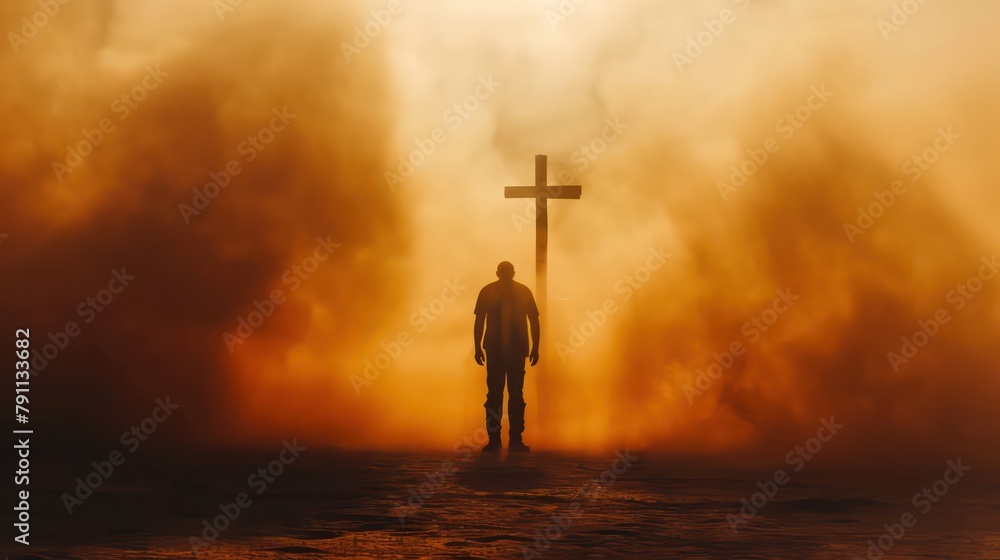 Silhouette of a man in the desert with a cross in the smoke and dust under the sun. Silhouette of a man in the desert with a cross in the smoke and dust under the sun - obrazy, fototapety, plakaty 