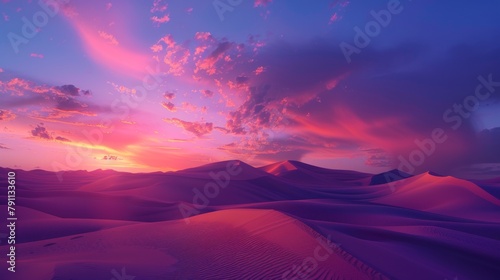 A desert scene with a pink sky and purple clouds, AI