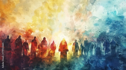 Resurrection of Jesus: Jesus appears to his followers. Life of Jesus. Digital watercolor painting photo