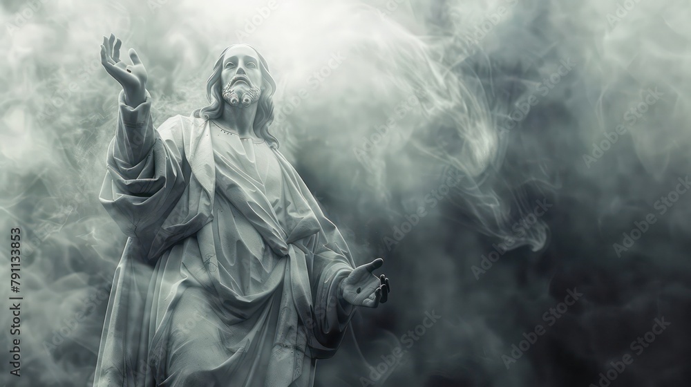 Statue of Jesus Christ in smoke,