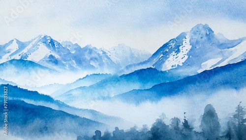 watercolor blue and white misty landscape with snowy mountains background