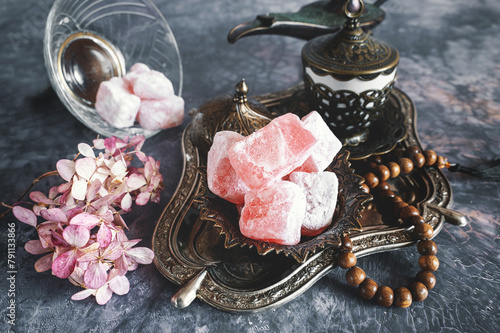 Rakum-Lukum pink. Delight. Turkish sweets and Turkish coffee. Arabic coffee and delicacies. Delicious oriental delicacies