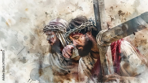 Simon of Cyrene helps Jesus carry the Cross. Digital watercolor painting