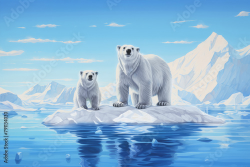 A mother bear and a bear cub are floating on an ice floe, Global Warming, photo