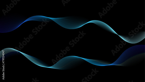 Vector curvy abstract line art wavy flowing dynamic blue, smoke black background in concept music or sound, wave, wind, information flow