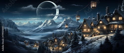 Winter village at night with moon and clouds, panoramic view