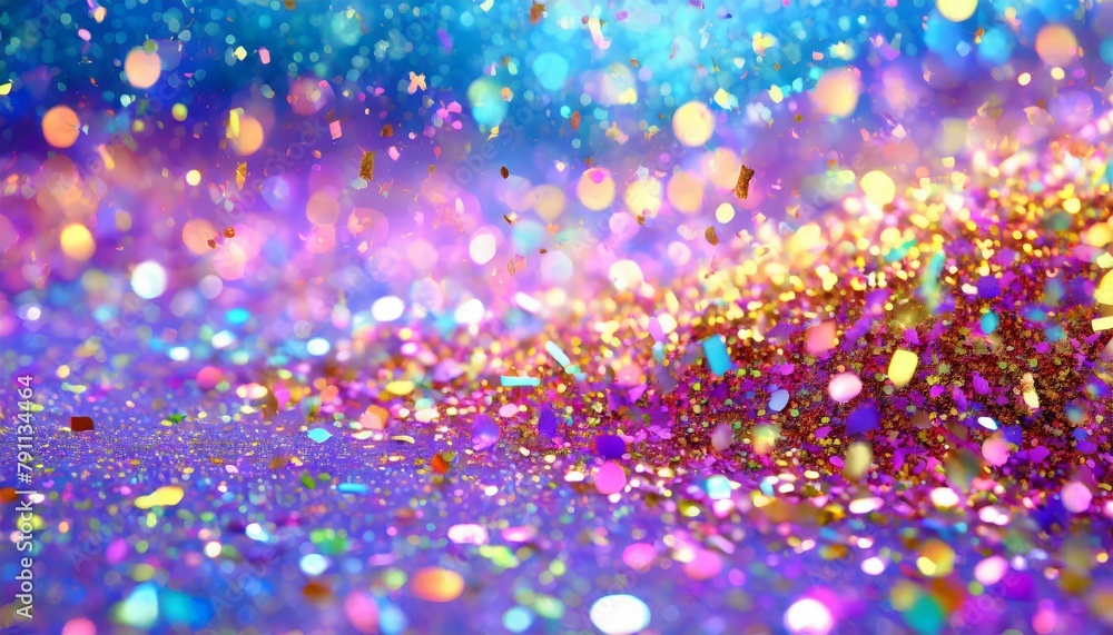 A colorful background with a lot of glitter and confetti. The background is blue and purple