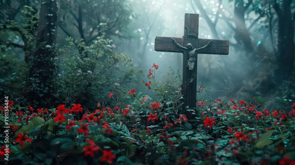 Wooden cross in the middle of the forest with red flower Wooden cross in the middle of the forest with red flower