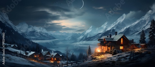 Beautiful winter panorama of mountain village in Alps at night.