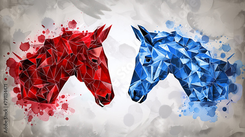 democratic and republican party. two polygonal horse heads, one red and one blue, butting heads in a symbolism of rivalry and confrontation. Political Stallions