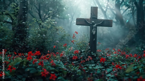 Wooden cross in the middle of the forest with red flower