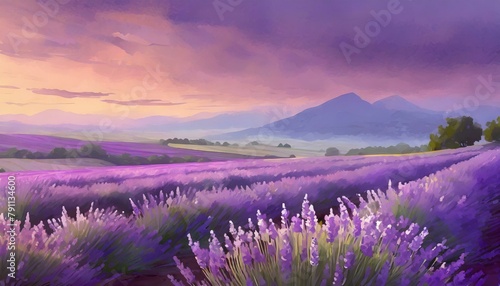 A serene digital illustration of a lavender field bathed in the soft, purplish glow of twili. © b13