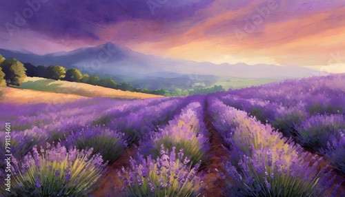 A serene digital illustration of a lavender field bathed in the soft  purplish glow of twili.