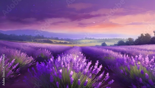 A serene digital illustration of a lavender field bathed in the soft  purplish glow of twili.