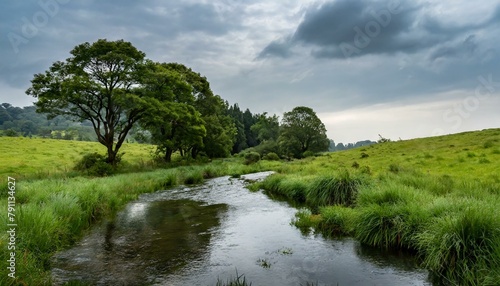 A serene stream flows through lush grassland with trees under a cloudy sky