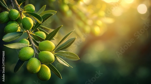 olive branch with green olives growing on the tree in sunny day