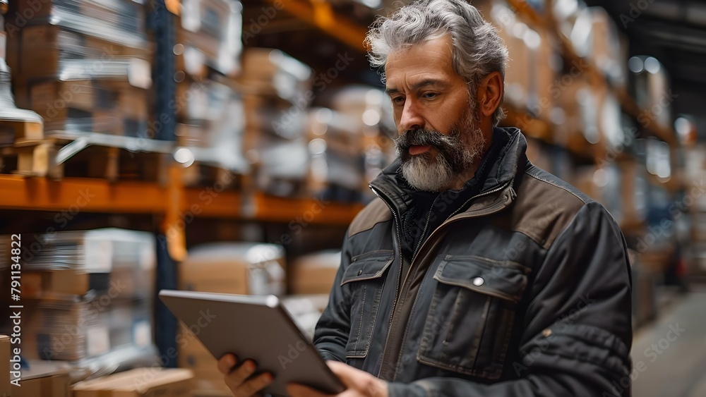 Middleaged man uses tablet in warehouse for accounting and inventory management. Concept Inventory Management, Accounting, Warehouse Operations, Technology in Business, Middle-Aged Professionals