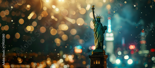 The Statue of Liberty illuminated by fireworks, representing liberty and democracy. , natural light, soft shadows, with copy space, blurred background photo