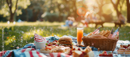 Friends and families set up for a picnic in a park, complete with traditional American foods and Fourth of July decorations. , natural light, soft shadows, with copy space, blurred photo