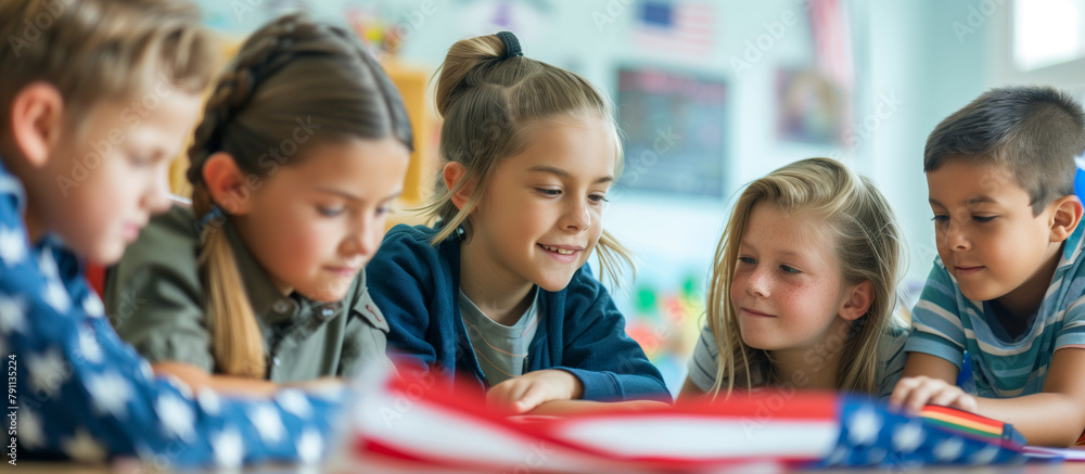 Schoolchildren gathered around an American flag in their classroom, learning about its history and what it represents. , natural light, soft shadows, with copy space, blurred backg Schoolchildren gathered around an American flag in their classroom, learning about its history and what it represents. , natural light, soft shadows, with copy space, blurred backg