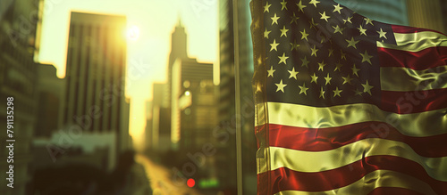 The American flag displayed in an urban setting, contrasting against a city skyline and showing its relevance in modern America. , natural light, soft shadows, with copy space, blu