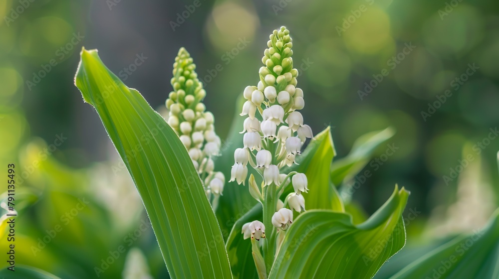 Fototapeta premium A close-up of a delicate muguet bud reveals the beauty and simplicity of this enchanting flower. Muguet bud's small, delicate petals curve gently around the center of the bud.