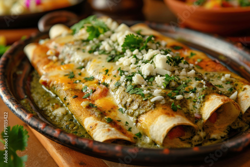 Plate of Enchiladas Verdes Covered with Green Salsa, Cheese and Cilantro, Mexican Food Concept photo