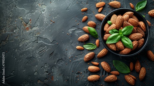   A dark backdrop showcases a bowl brimming with almonds Green leaves accentuate the scene Text or image insertion area is available photo