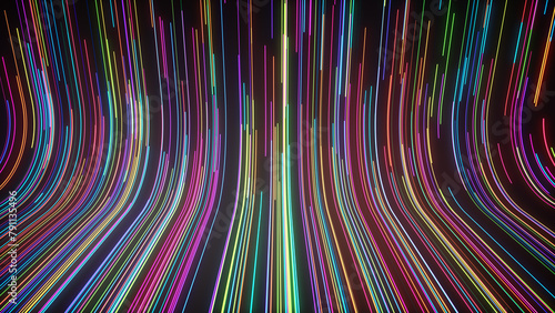 illustration of abstract background with ascending colorful glowing neon lines © kerenby