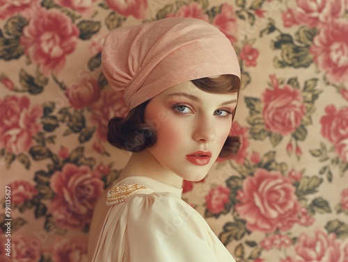 a woman is posing in front of pink roses wallpaper