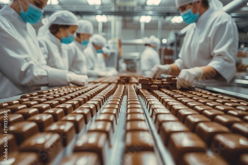 Chocolate factory workers wearing hygienic clothes. Workers check chocolates as they move down the line.