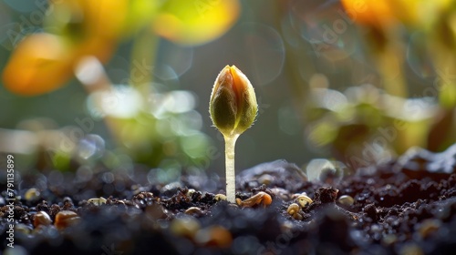 Macro View of Emerging Cotyledon Seed Sprouting from Soil Signifying New Life and Potential in the Natural Environment