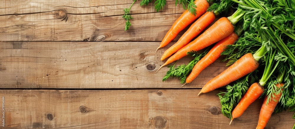Raw carrots with green leaves are shown from a top perspective on a wooden background, with space available for copying. This photograph features a vegetable food item. Raw carrots with green leaves are shown from a top perspective on a wooden background, with space available for copying. This photograph features a vegetable food item.