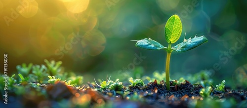 Macro View of Vibrant Green Seedling Sprouting from Fertile Soil Representing the Cycle of Life and Sustainable Growth photo