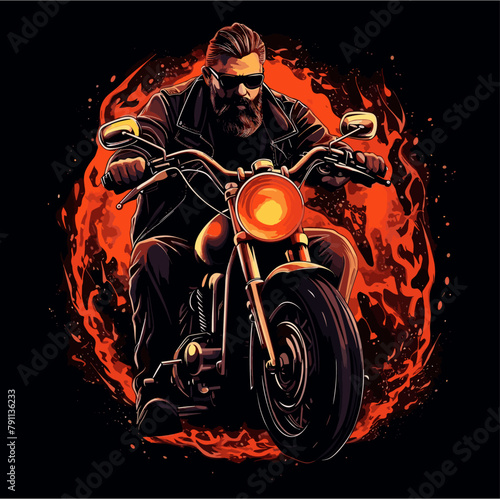 Vector design for t-shirt. 
Old biker with beard and glasses 
on motorcycle on black background. 
Fashionable print for fabric, paper, men clothing,
hoodie, biker jacket.