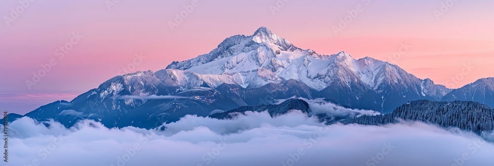 The serene beauty of a majestic mountain peak blanketed in glistening white snow against the soft hues of dawn The serene beauty of a majestic mountain peak blanketed in glistening white snow against the soft hues of dawn