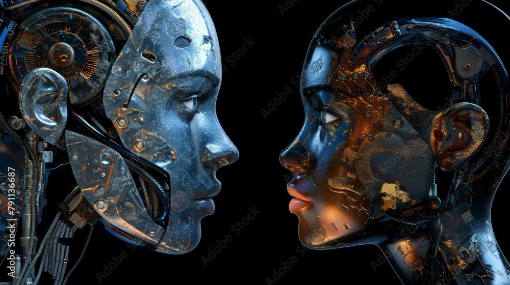 Fototapeta premium a beautiful portrait of a steampunk female robot made of metal and wires with a human face