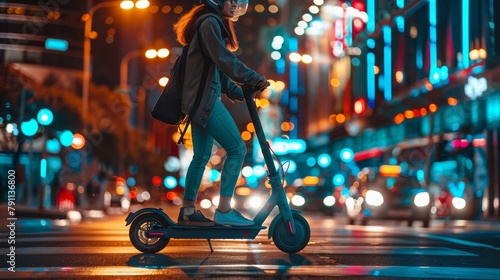 A young woman rides an electric scooter through a busy city street at night. photo