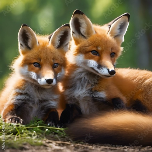 two foxes are sitting in a dirt patch on some grass © Wirestock