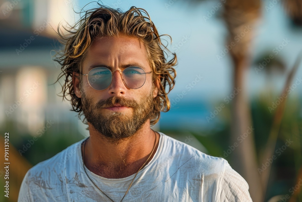 A confident man with curly hair and beard wears reflective sunglasses, focusing on style and personality A confident man with curly hair and beard wears reflective sunglasses, focusing on style and personality