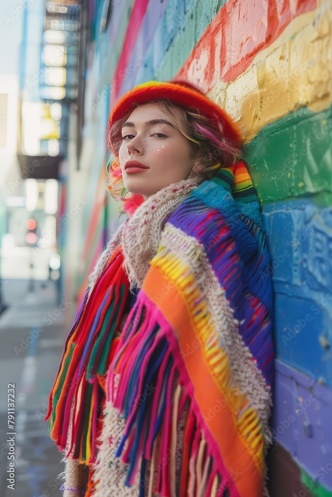 A trendy woman in a colorful hat and rainbow fringed wrap poses against a vibrant urban wall, showcasing street style, individuality, and self-expression. A trendy woman in a colorful hat and rainbow fringed wrap poses against a vibrant urban wall, showcasing street style, individuality, and self-expression.