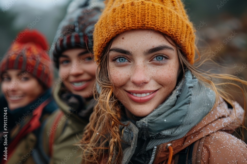 Smiling group of friends enjoy a winter trek as snowflakes gently fall, leading with an alluring blue-eyed woman Smiling group of friends enjoy a winter trek as snowflakes gently fall, leading with an alluring blue-eyed woman