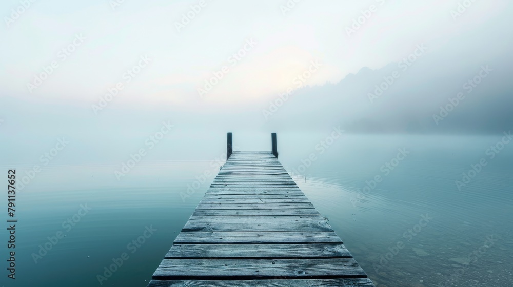 Serene morning on a foggy lake with a minimalist wooden pier