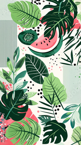 Geometry pattern with tropical leaves. Beautiful allover print with hand drawn exotic plants. botanical design.