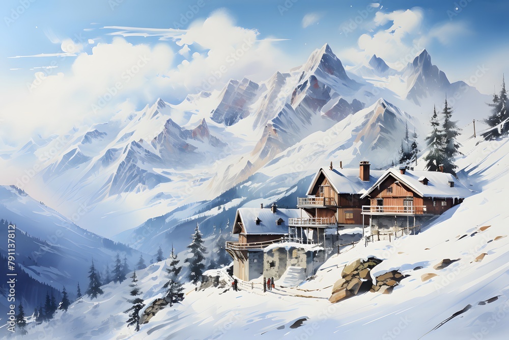 panoramic view of alpine village in winter with snowy mountains