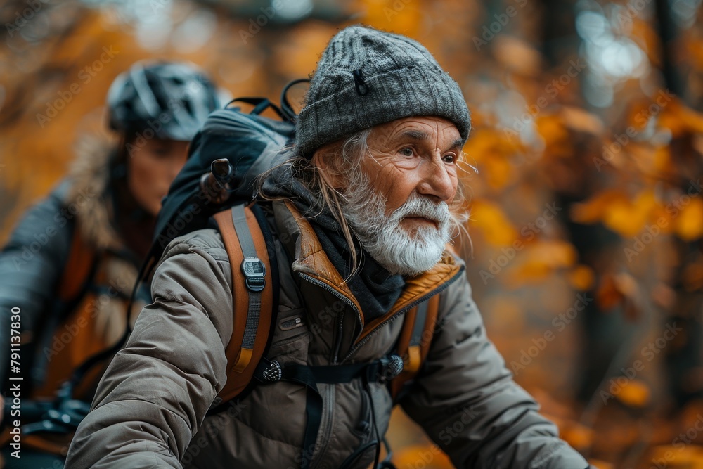 An aged man with a full beard on a bike trip through an orange-leaved forest in the fall An aged man with a full beard on a bike trip through an orange-leaved forest in the fall